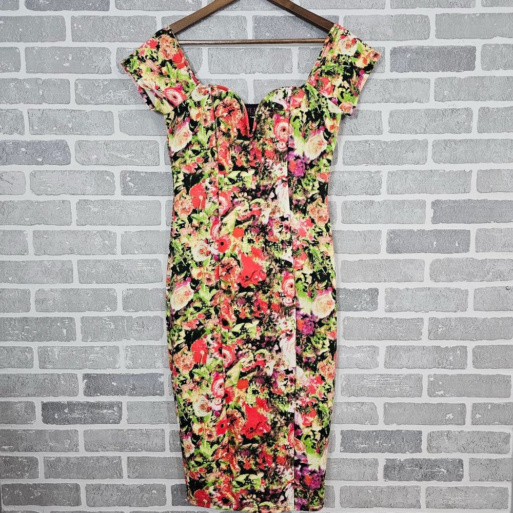 Hot Miami Styles Colorful Floral Print Womens Sz L Bodycon V-Wire Spring Dress